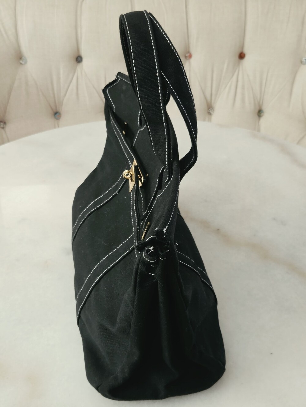 Black Canvas Boatkin Tote With White Stitching And Gold Hardware - Picture 12 of 16